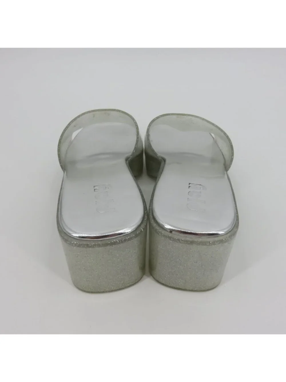 Play Women 7 US Silver Glitter Chunky Heel Platform Slide Shoes Sandals Costume
